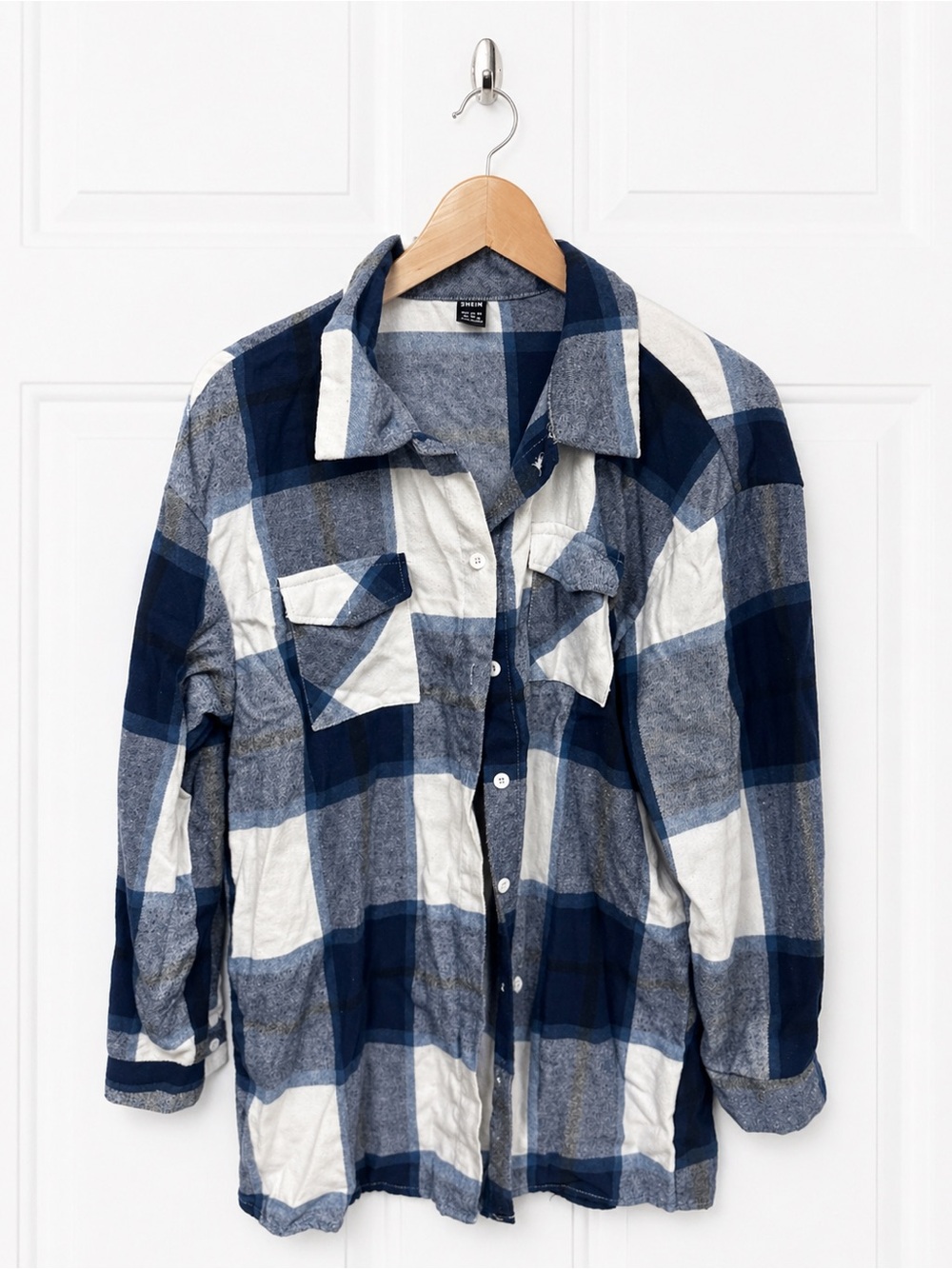 SHEIN Womens XL Blue White Plaid Button Up Shirt Relaxed Fit Flannel Top